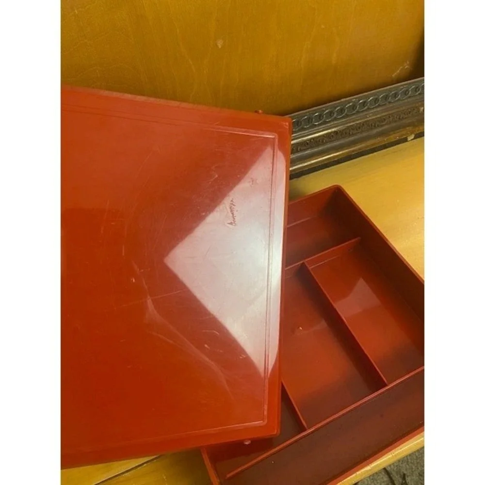 Estee Lauder Vintage Red Makeup Vanity Organizer Case w/ Mirror Storage Box 10
